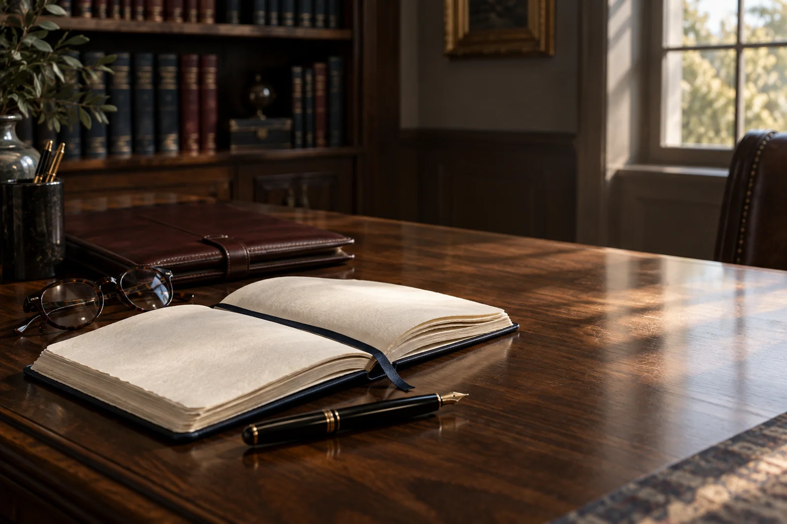 A legal notebook and fountain pen arranged on an attorney's desk.